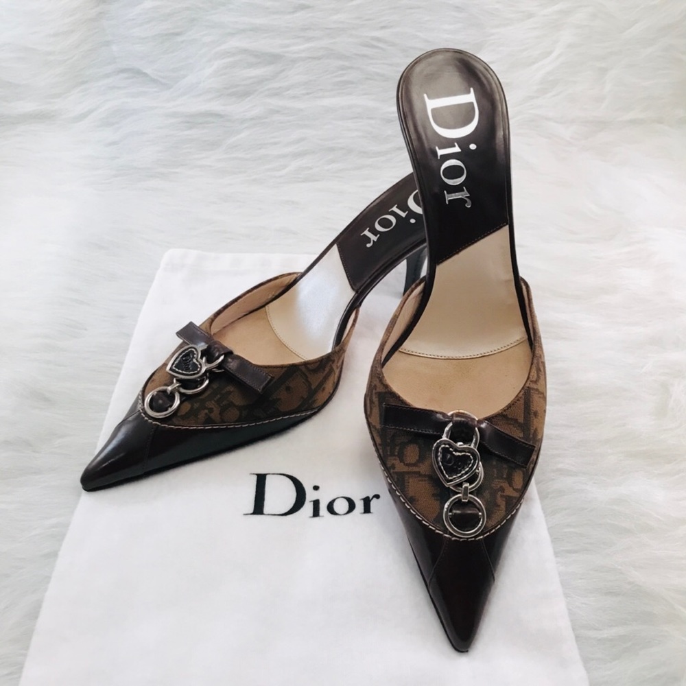 DIOR Brown Diorissimo Heart Locket Leather Mules